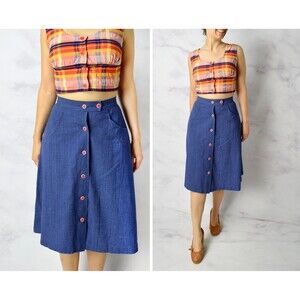 1970s A Line Skirt Size XS - Small 70s Skirt Blue Pockets 26" Waist